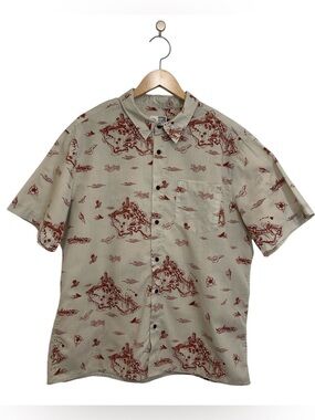 Rip Curl Surf Shirt Men’s XL Short Sleeve Beige Brown Shaka Wave Print Button Up